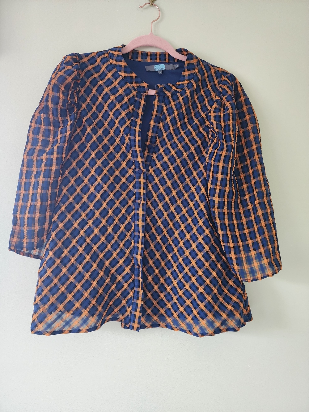 Eva Franco Navy and Orange Plaid Button-Down Top